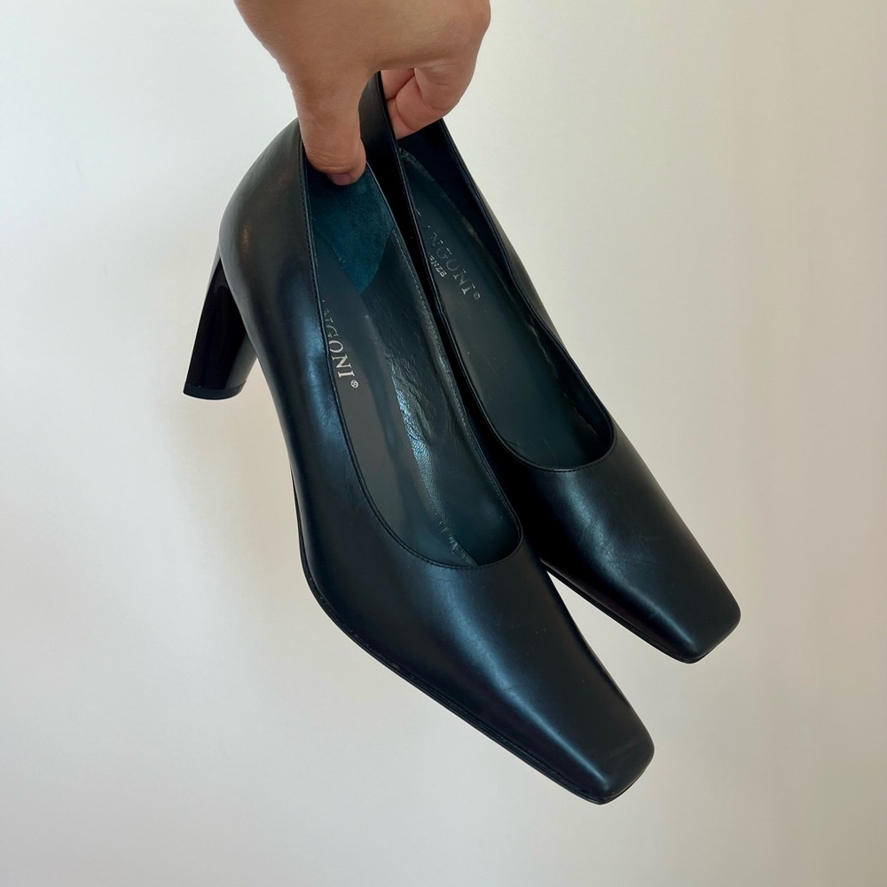 OFFICE SIREN HEELS|VINTAGE PUMPS|RANGONI FIRENZE ITALIAN SQUARE TOE BLACK PUMPS